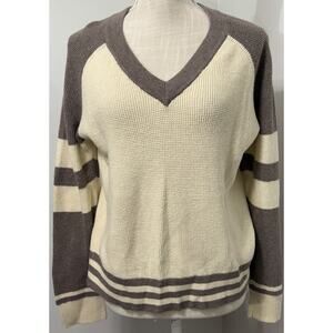 FAHERTY Throwback Waffle V-Neck Fenway Cream Brown Cashmere Cotton Size L Large